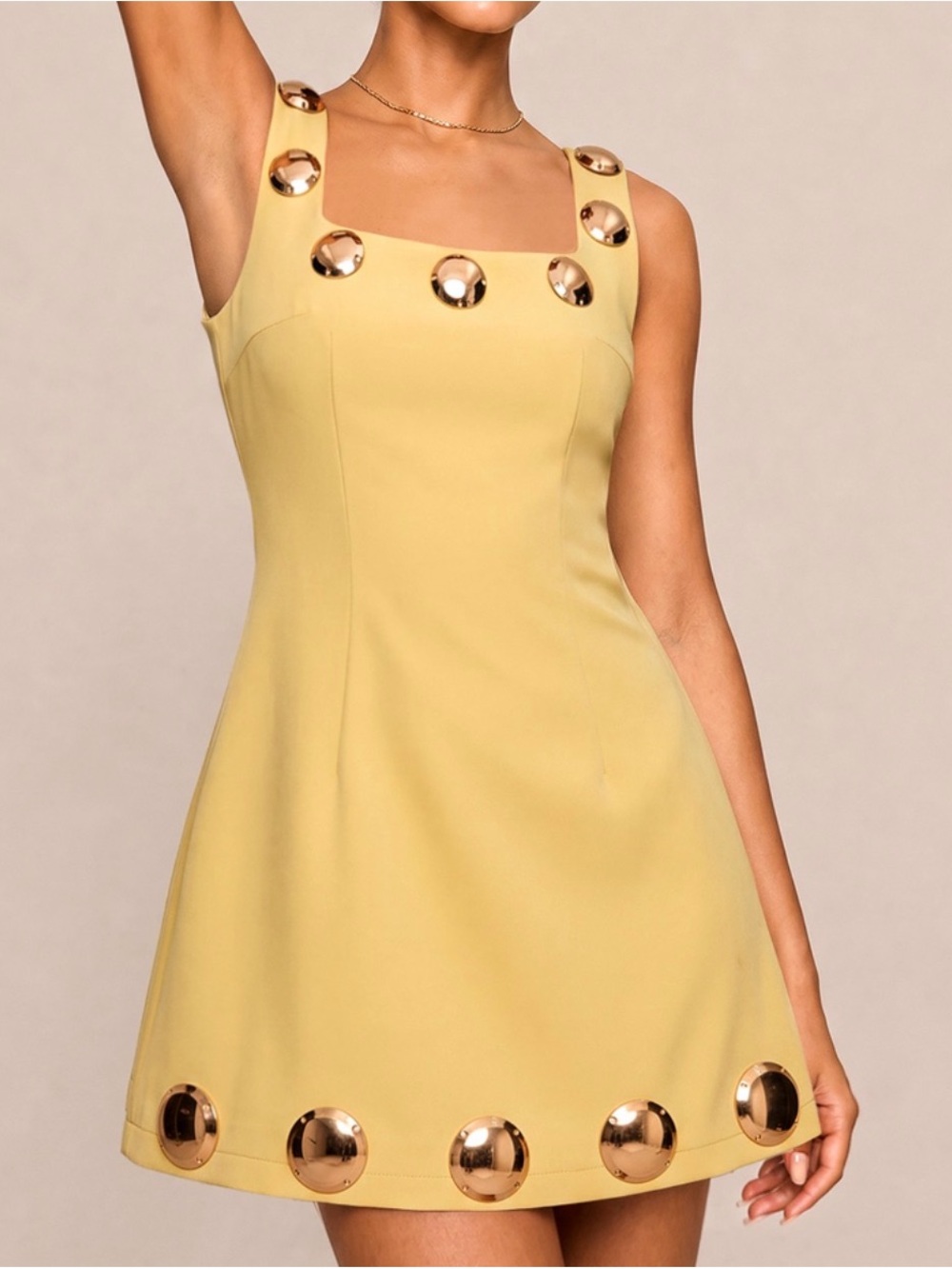 Commense Yellow Mini Dress with Gold Disc Trim